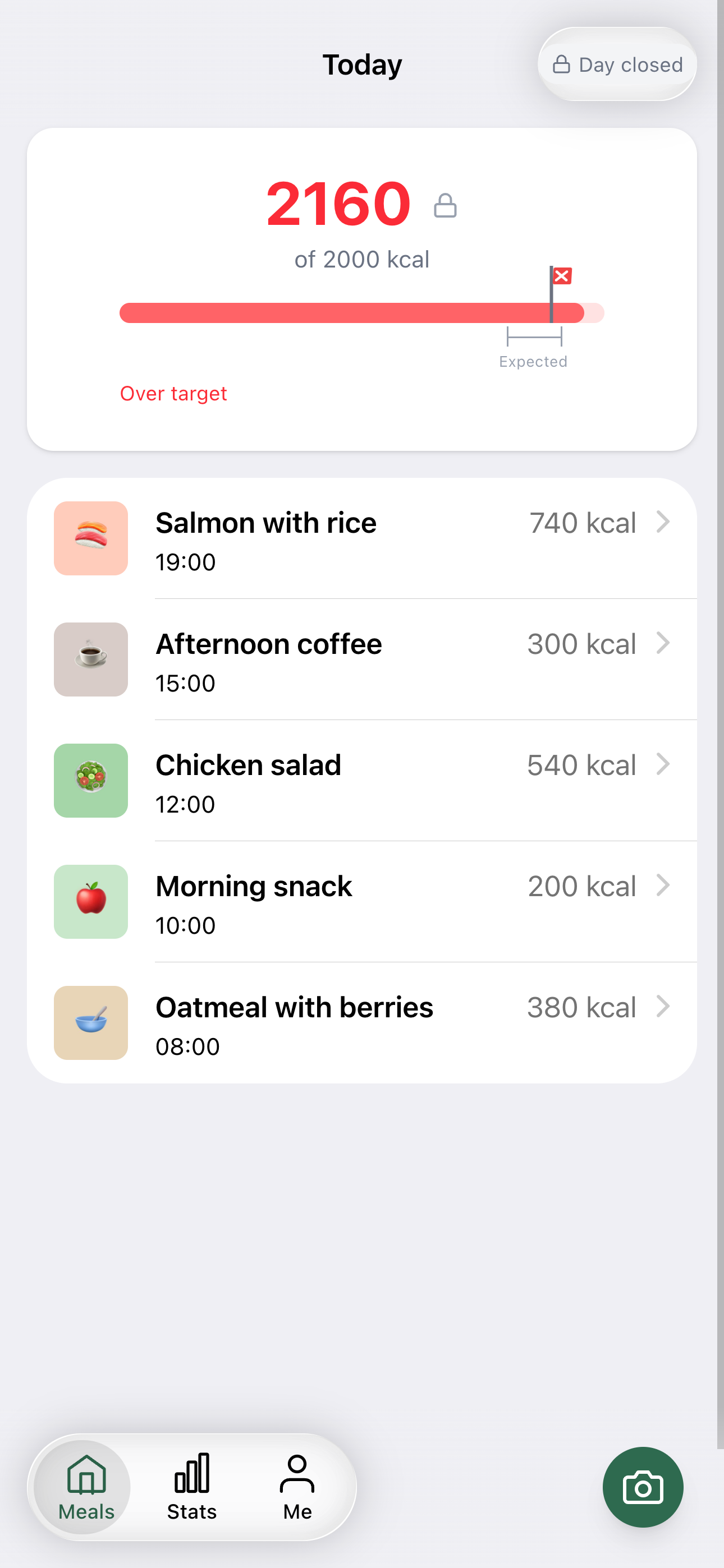 Mett meal tracking screen showing daily calorie summary and meal list